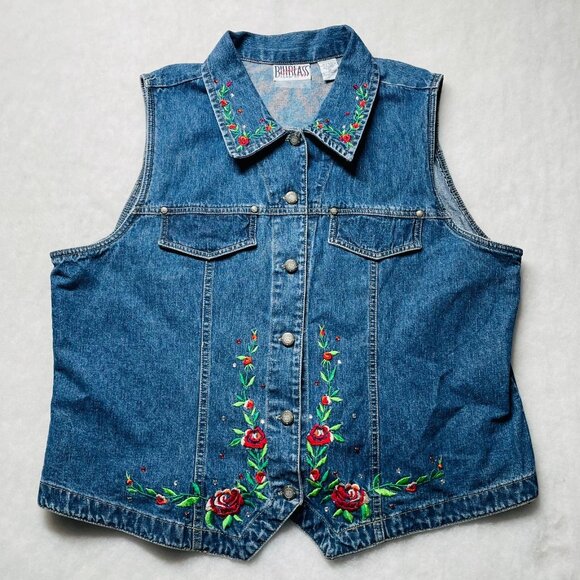 Bill Blass Jackets & Blazers - Vintage Bill Blass Womens Blue Embroidered Rhinestone Detail Denim Vest Size 1X